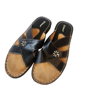 Shaboom Black Leather Slip-on Sandals, size 10 Embroidered Flowers